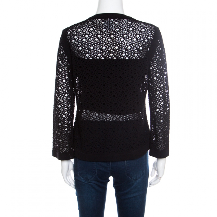 Pre Owned Chanel Black Perforated Knit Button Front Four Pocket Cardigan L