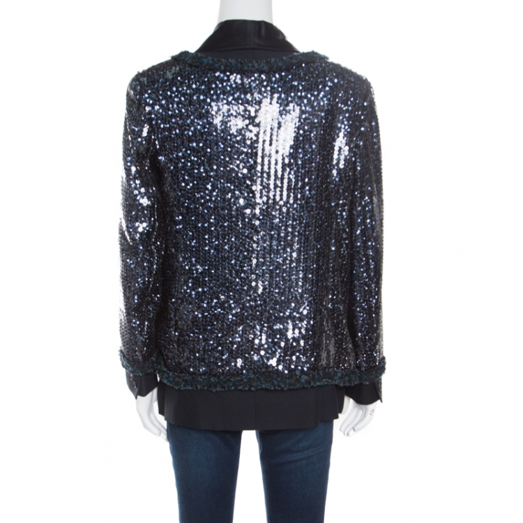 Pre Owned Chanel Sequin Embellished Double Layer Tuxedo Jacket L