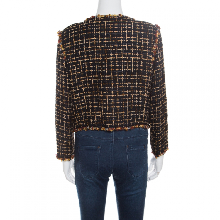 Pre Owned Chanel Black Textured Beaded Edging Detail Cropped Boucle Jacket L