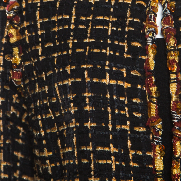 Pre Owned Chanel Black Textured Beaded Edging Detail Cropped Boucle Jacket L