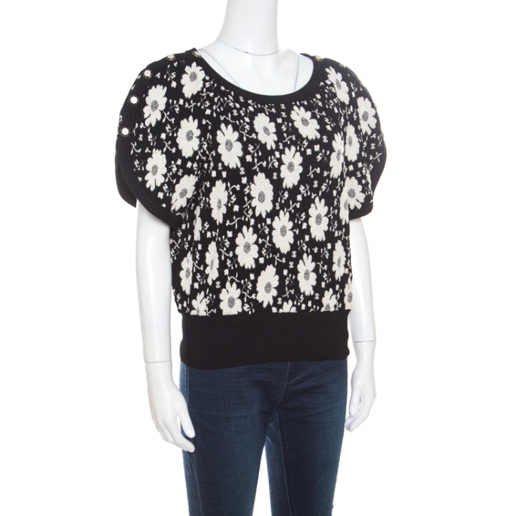 Black Floral Jacquard Knit Sweater, black/white