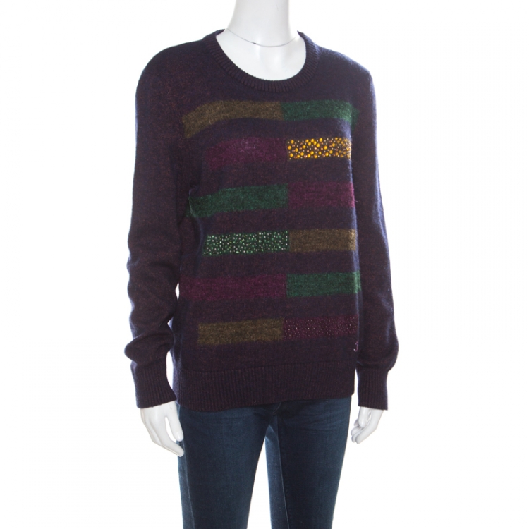 Pre Owned Chanel Multicolor Fuzzy Cashmere Embellished Sweater L