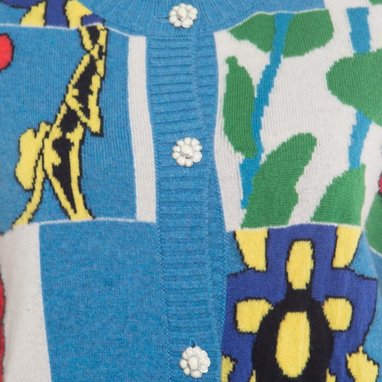 مملوكة مسبقًا Chanel Multicolor Cashmere Floral Jacquard Embellished Button Cardigan M