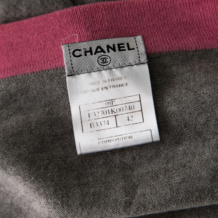 Pre Owned Chanel Grey Cotton and Cashmere Knit Contrast Trim Long Cardigan L
