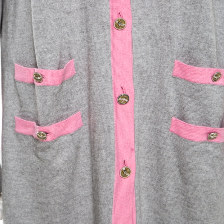 Pre Owned Chanel Grey Cotton and Cashmere Knit Contrast Trim Long Cardigan L