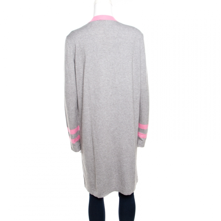 Pre Owned Chanel Grey Cotton and Cashmere Knit Contrast Trim Long Cardigan L