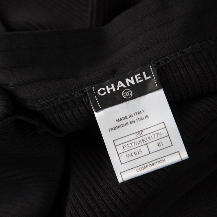 Pre Owned Chanel Black Textured Knit Brooch Embellished Neckline Detail Sleeveless Dress M