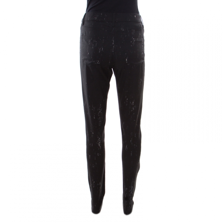 Pre Owned Chanel Black Paint Splatter Printed Wool Pants M