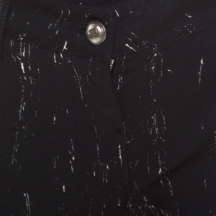Pre Owned Chanel Black Paint Splatter Printed Wool Pants M