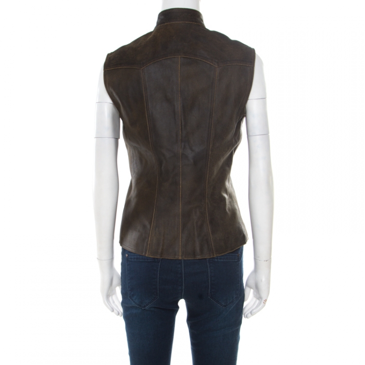 مملوكة مسبقًا Chanel Vintage Dark Brown Calfskin Leather Button Front Vest M