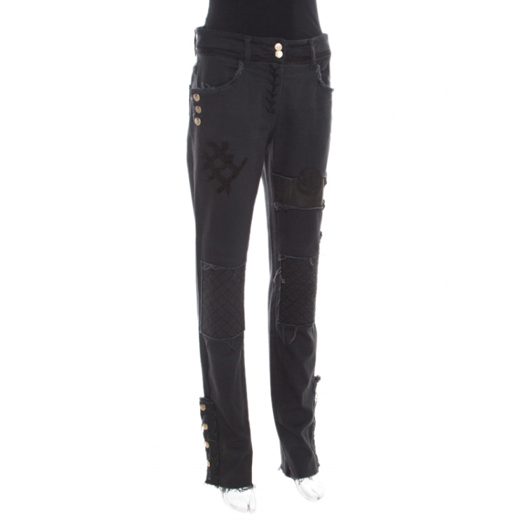 Pre Owned Chanel Black Leather Patch Detail Distressed Raw Edged Denim Jeans M