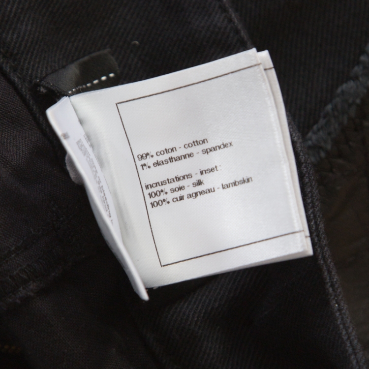 Pre Owned Chanel Black Leather Patch Detail Distressed Raw Edged Denim Jeans M
