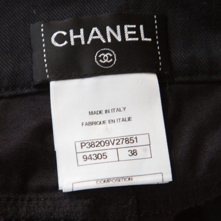 Pre Owned Chanel Black Leather Patch Detail Distressed Raw Edged Denim Jeans M