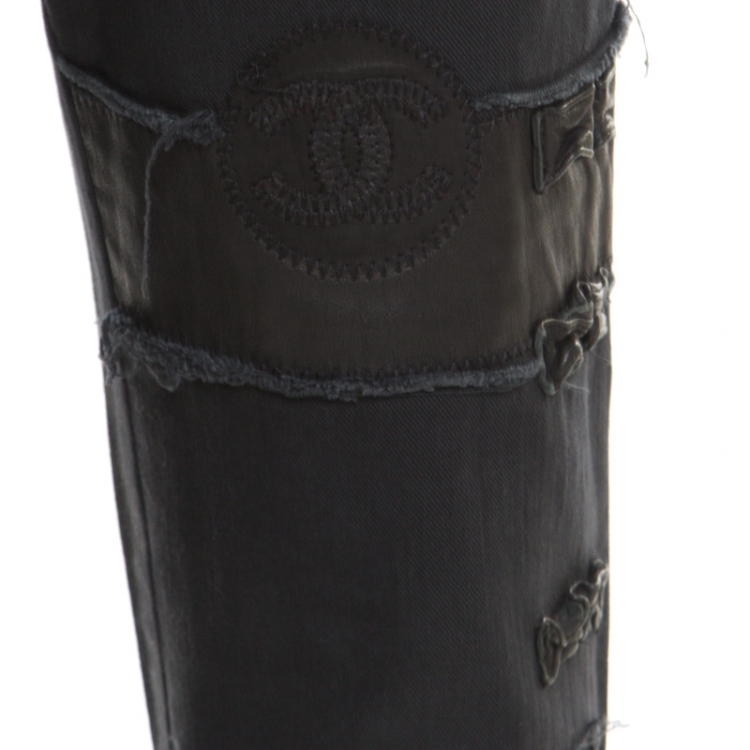 Pre Owned Chanel Black Leather Patch Detail Distressed Raw Edged Denim Jeans M