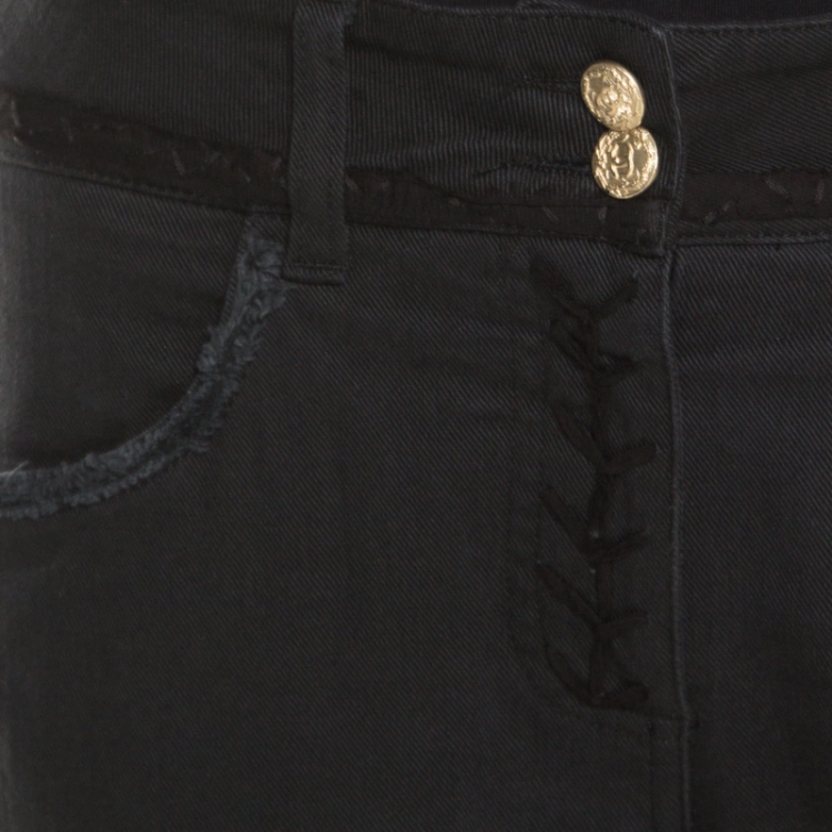 Pre Owned Chanel Black Leather Patch Detail Distressed Raw Edged Denim Jeans M