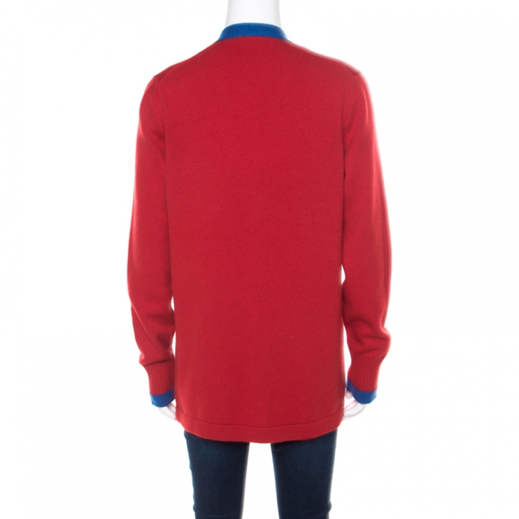 Pre Owned Chanel Red and Blue Contrast Trim Cashmere Button Front Cardigan L