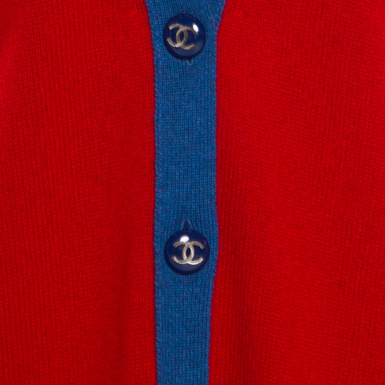 Pre Owned Chanel Red and Blue Contrast Trim Cashmere Button Front Cardigan L