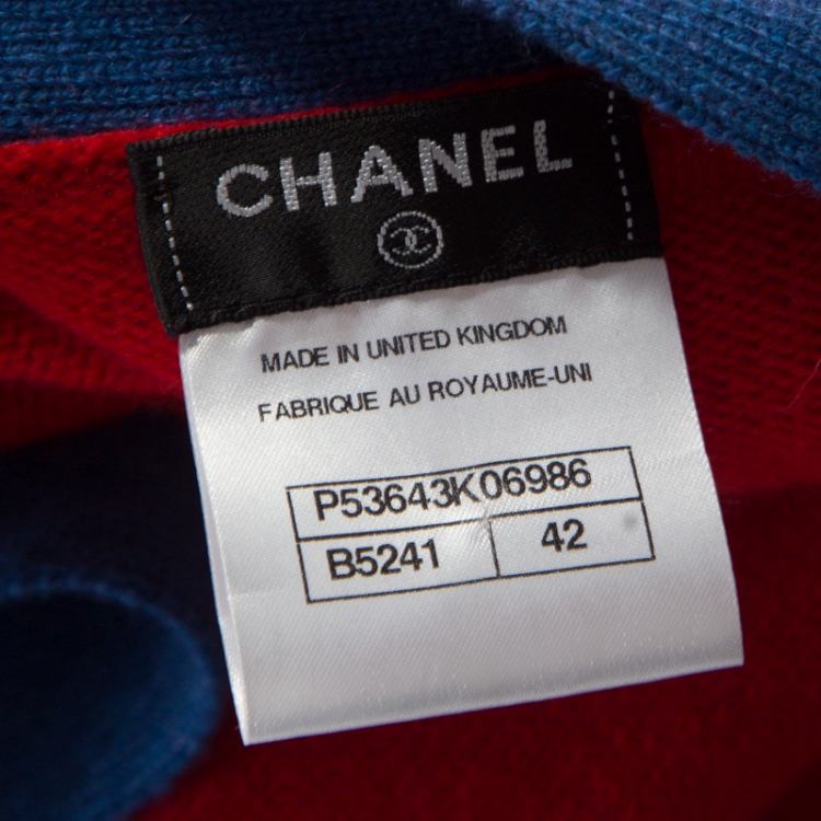 Pre Owned Chanel Red and Blue Contrast Trim Cashmere Button Front Cardigan L