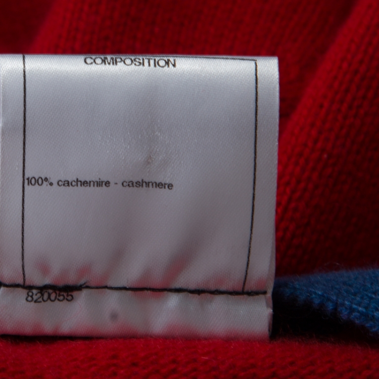 Pre Owned Chanel Red and Blue Contrast Trim Cashmere Button Front Cardigan L