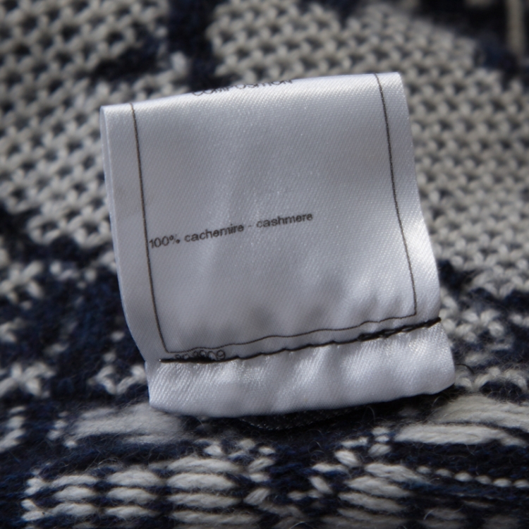 Pre Owned Chanel Navy Blue and White Patterned Knit Cashmere Belted Cardigan M