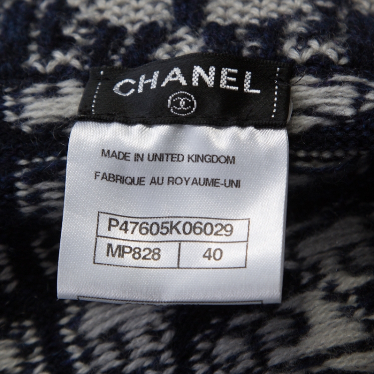 Pre Owned Chanel Navy Blue and White Patterned Knit Cashmere Belted Cardigan M