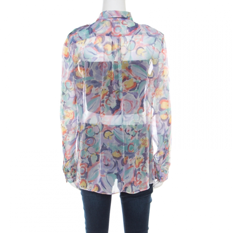Pre Owned Chanel Multicolor Seafoam Logo Print Sheer Silk Chiffon Blouse L
