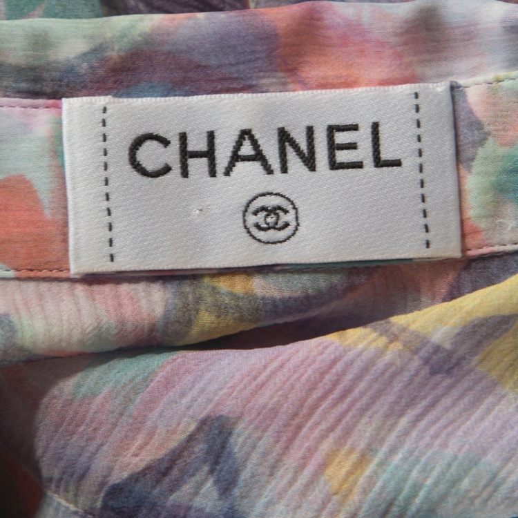 Pre Owned Chanel Multicolor Seafoam Logo Print Sheer Silk Chiffon Blouse L