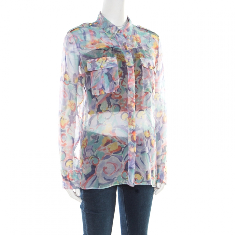 Pre Owned Chanel Multicolor Seafoam Logo Print Sheer Silk Chiffon Blouse L