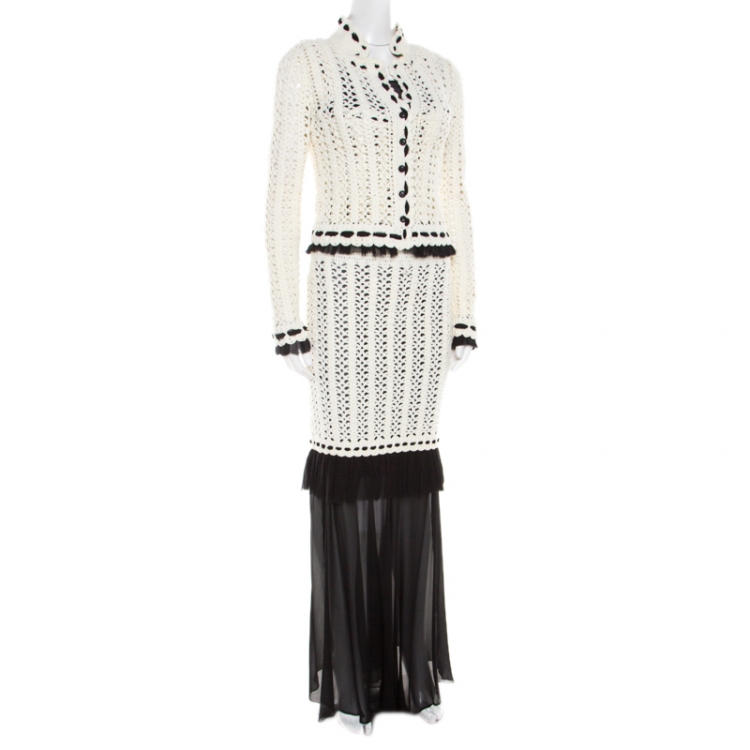 Pre Owned Chanel Monochrome Knit Crochet Blazer Top and Maxi Skirt Set S