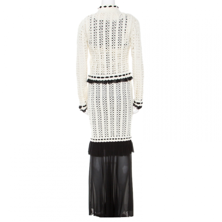 Pre Owned Chanel Monochrome Knit Crochet Blazer Top and Maxi Skirt Set S