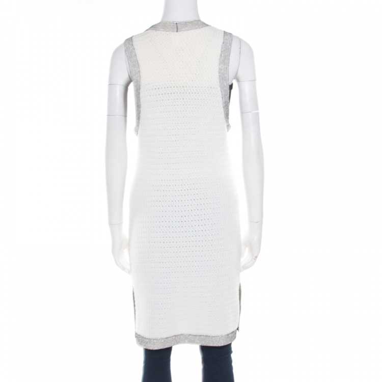 Pre Owned Chanel White Contrast Mesh Trim Sleeveless Long Cardigan S