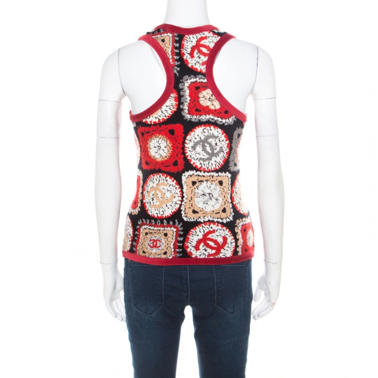 Pre Owned Chanel Red Printed Velvet Racerback Top S