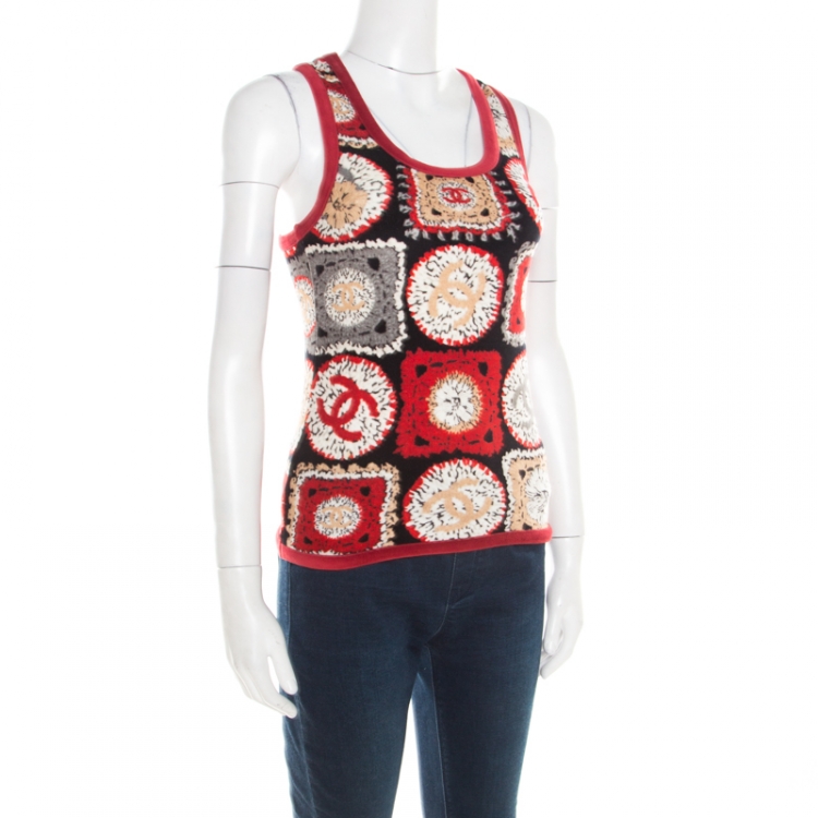 Pre Owned Chanel Red Printed Velvet Racerback Top S
