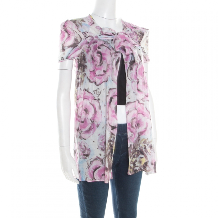Pre Owned Chanel Multicolor Floral Printed Cotton Neck Tie Detail Open Front Blouse S