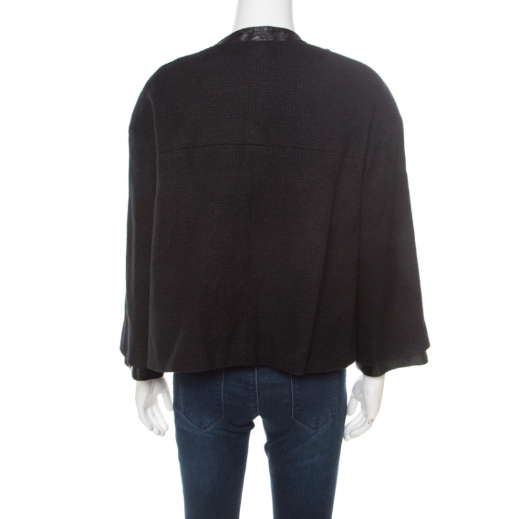 Pre Owned Chanel Black Textured Knit Leather Trim Logo Pearl Button Jacket  M