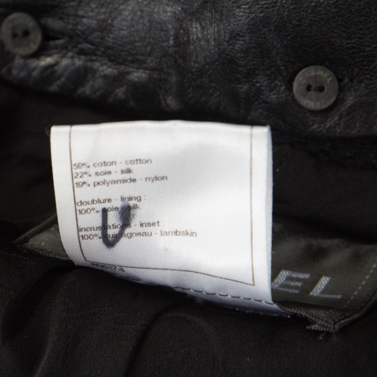 Pre Owned Chanel Black Textured Knit Leather Trim Logo Pearl Button Jacket  M