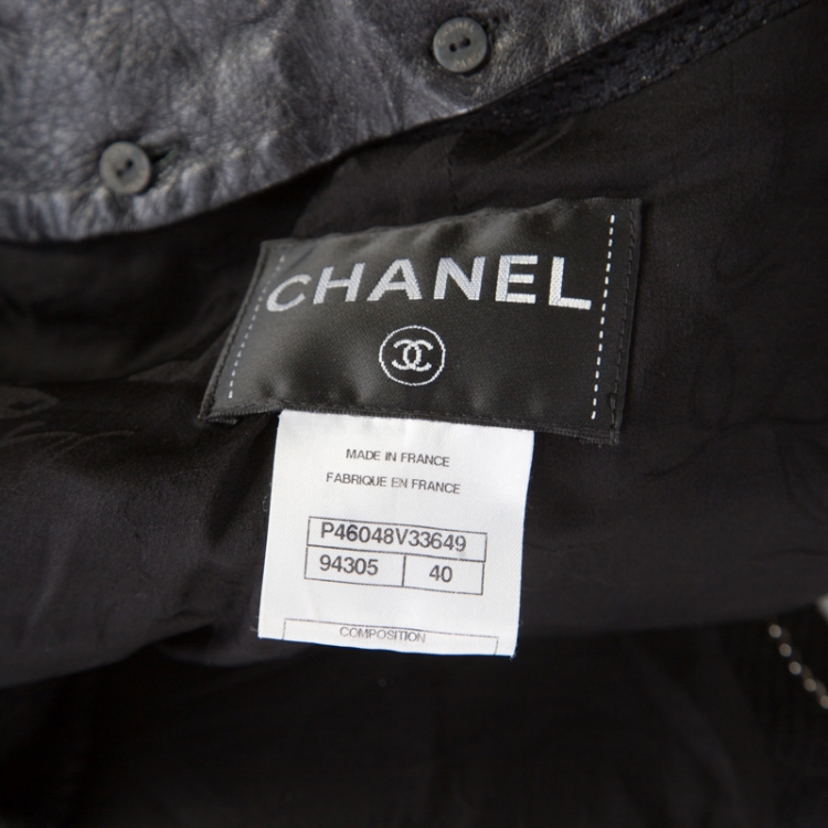 Pre Owned Chanel Black Textured Knit Leather Trim Logo Pearl Button Jacket  M