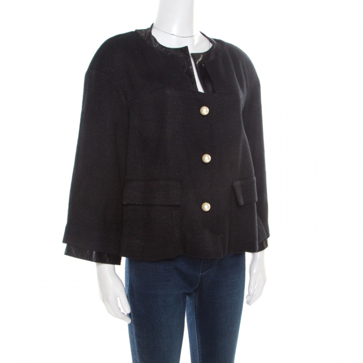 Chanel Black Textured Knit Leather Trim Logo Pearl Button Jacket M Chanel