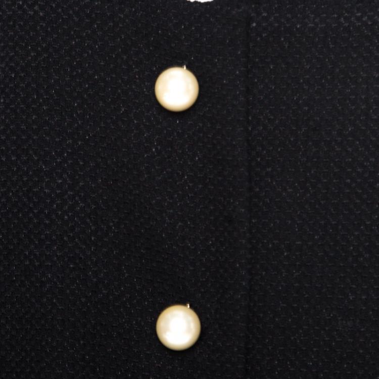 Pre Owned Chanel Black Textured Knit Leather Trim Logo Pearl Button Jacket  M