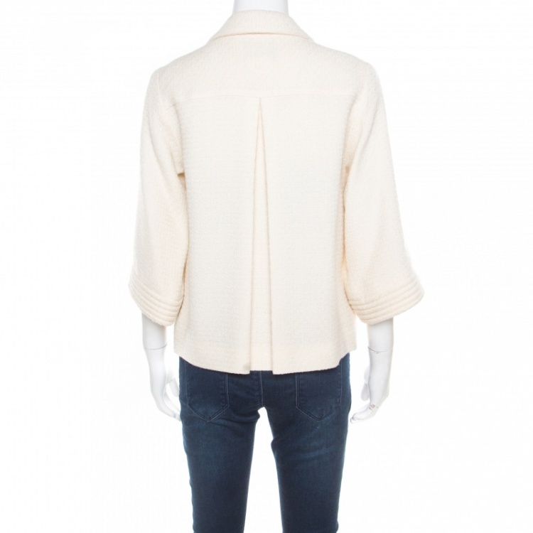Pre Owned Chanel Cream Textured Wool Open Front Jacket S