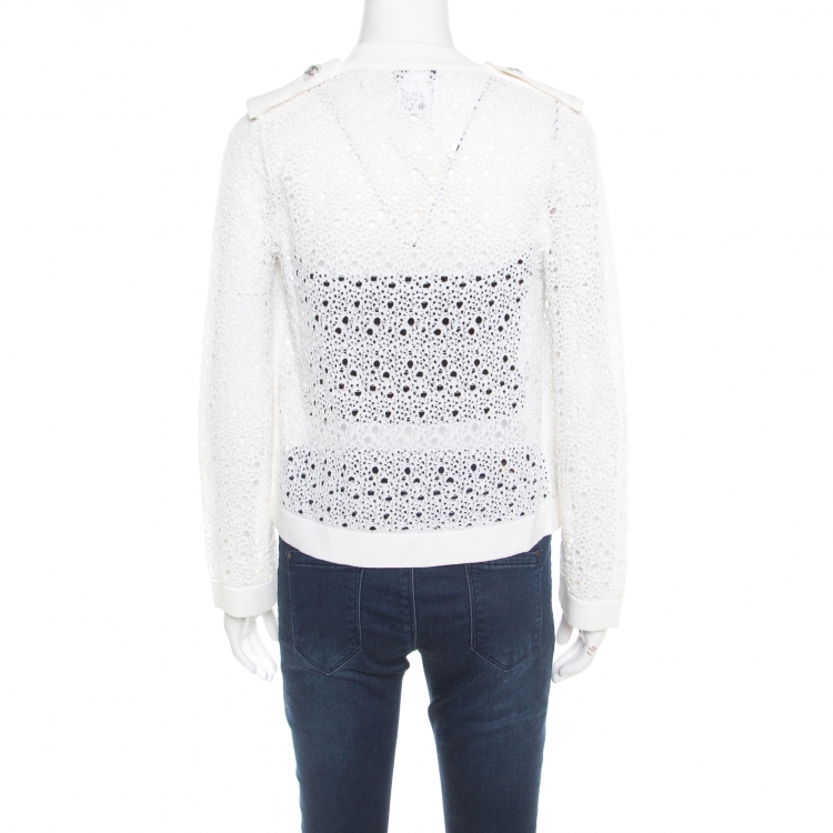 Pre Owned Chanel Off White Perforated Crochet Knit Button Front Cardigan S