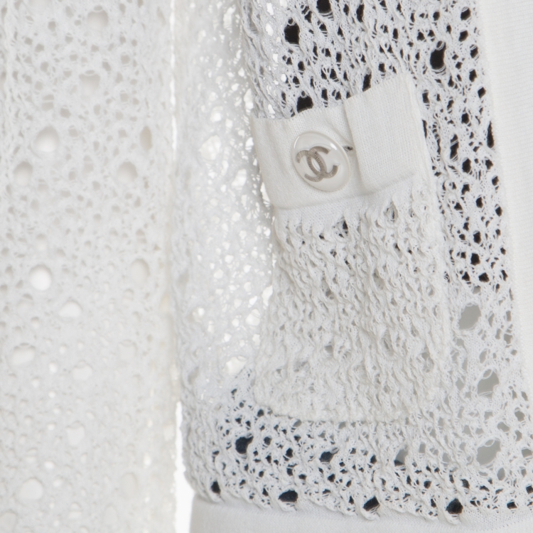 Pre Owned Chanel Off White Perforated Crochet Knit Button Front Cardigan S