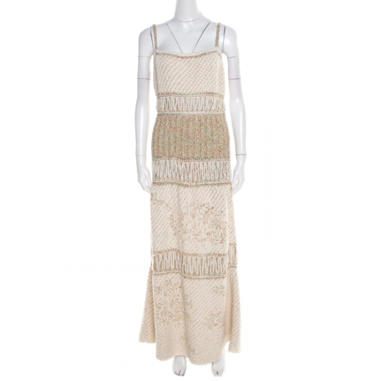 Chanel Cream Chunky Textured Distressed Knit Sleeveless Maxi Dress L Chanel