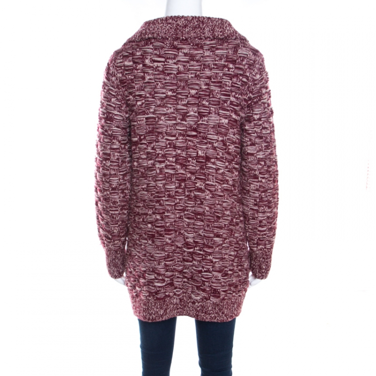 Pre Owned Chanel Wine Red Textured Knit Cashmere Button Front Long Cardigan M