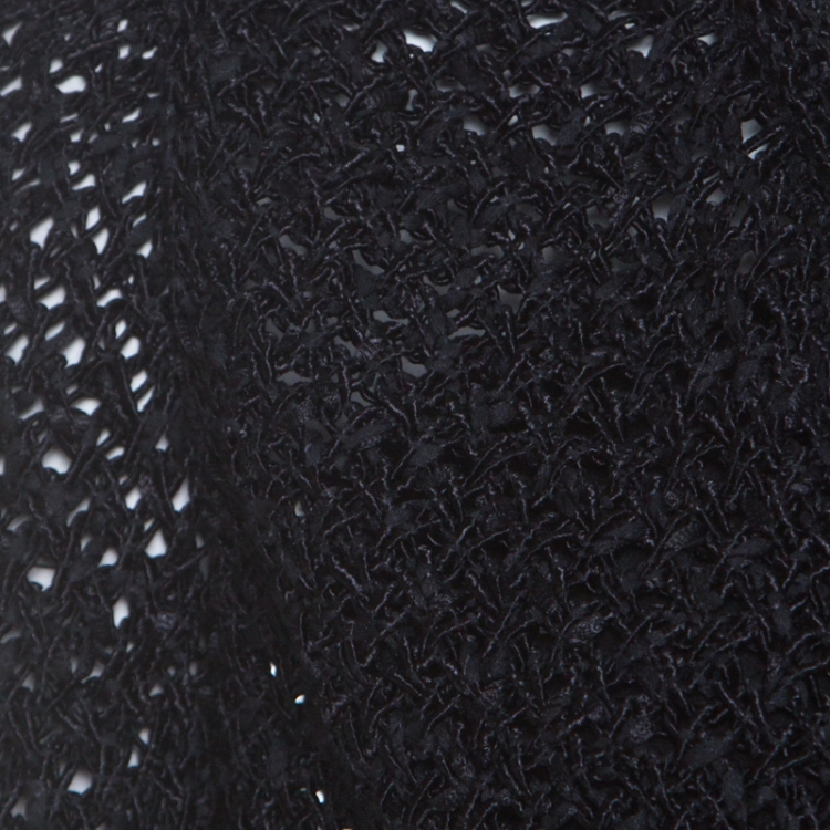 Pre Owned Chanel Black Open Weave Silver Tone Chain Detail Cropped Cardigan M