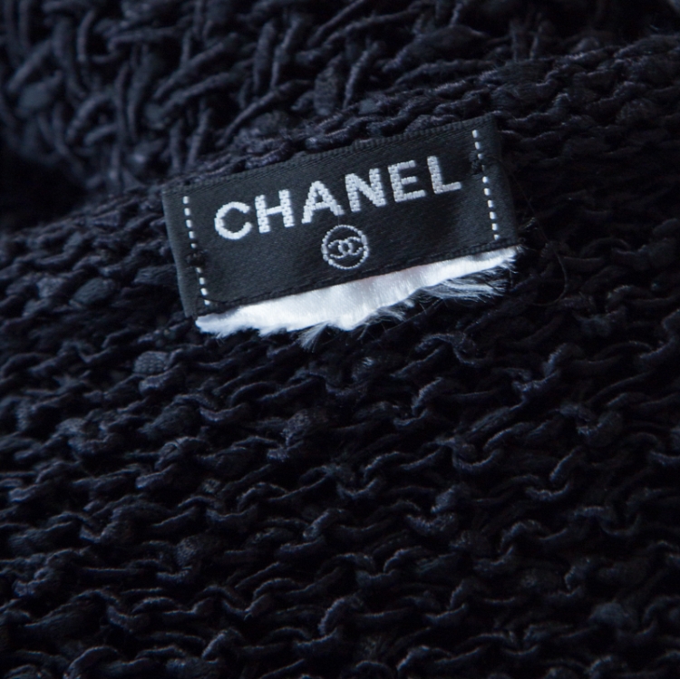Pre Owned Chanel Black Open Weave Silver Tone Chain Detail Cropped Cardigan M