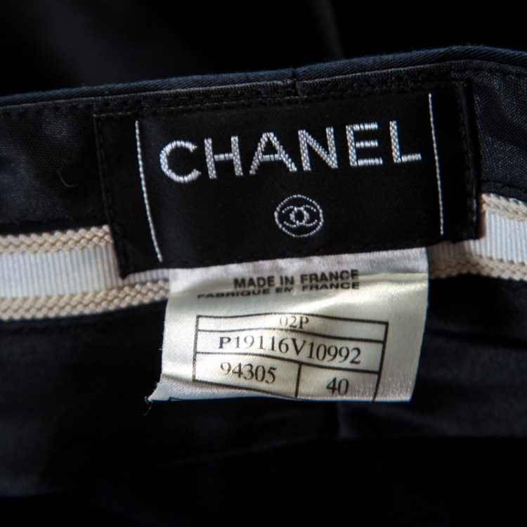 Pre Owned Chanel Navy Blue Cotton High Waist Tailored Wide Leg Trousers M