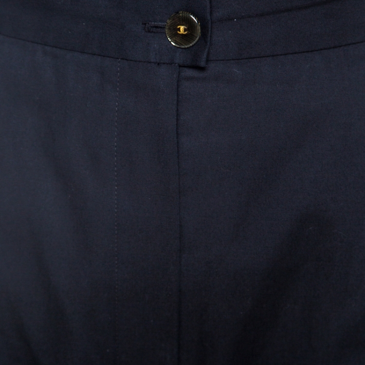 Pre Owned Chanel Navy Blue Cotton High Waist Tailored Wide Leg Trousers M