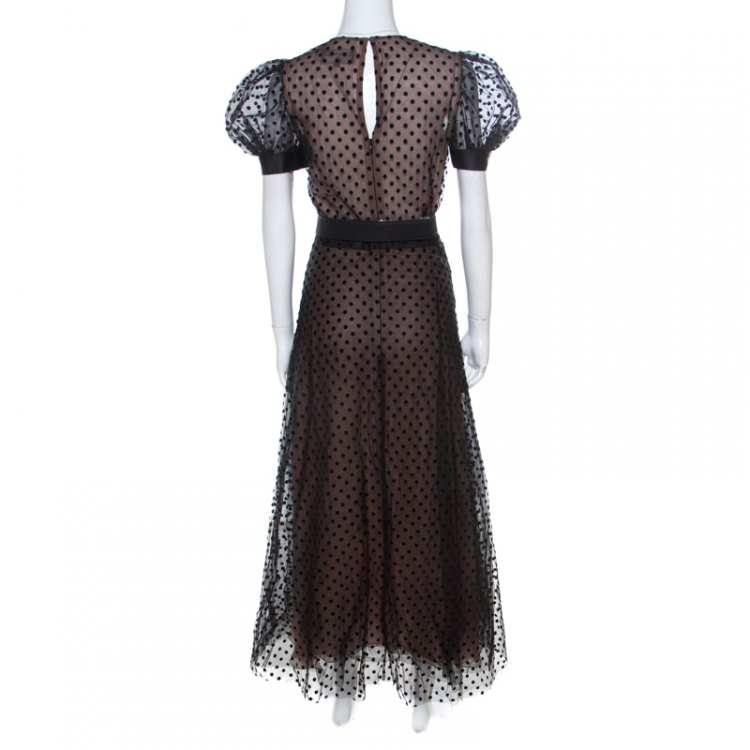 Pre Owned Chanel Black Polka Dot Mesh Overlay Belted Midi Dress M