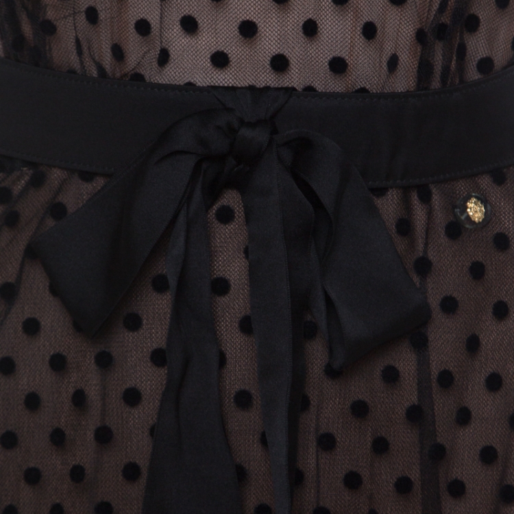 Pre Owned Chanel Black Polka Dot Mesh Overlay Belted Midi Dress M